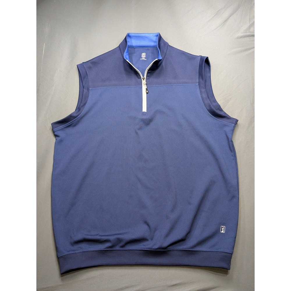 PGA Tour Mens Large Navy Blue Quarter Zip Golf Vest Performance Sleeveless Layer